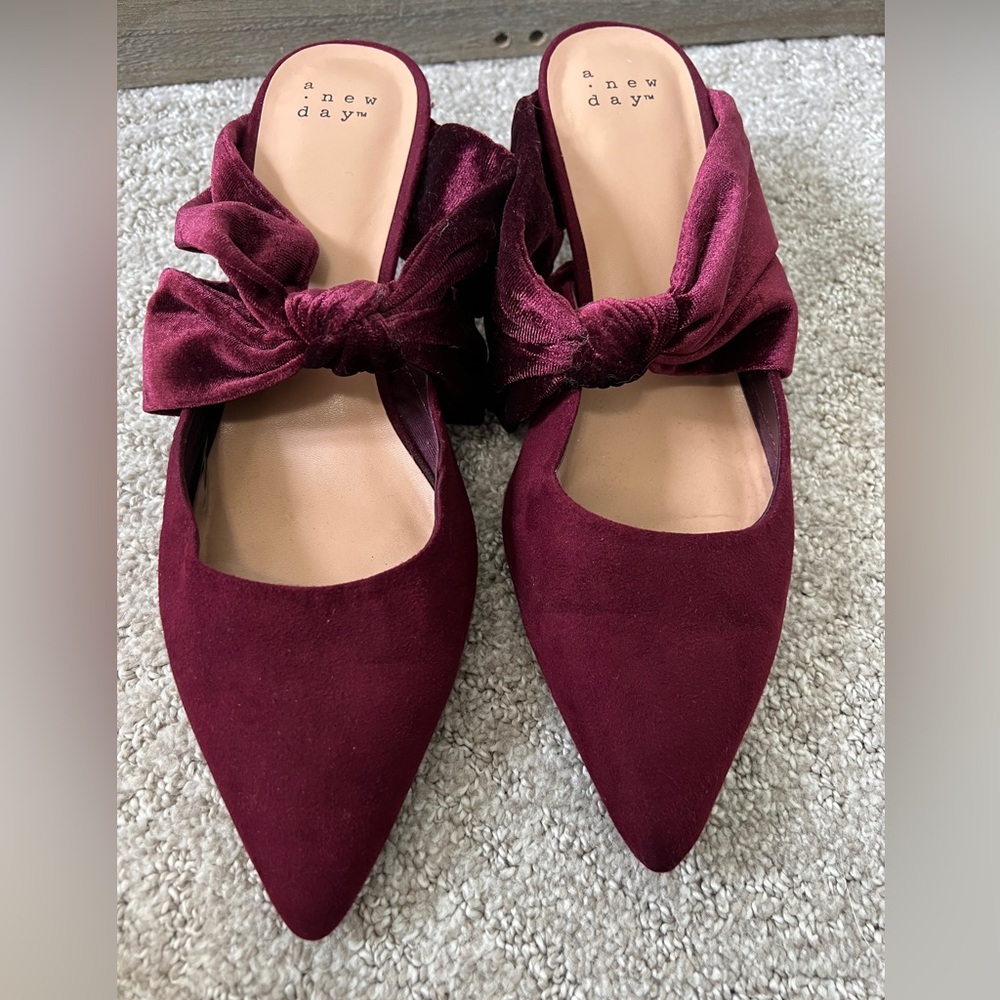 a. new day burgundy, velvet kitten heels.